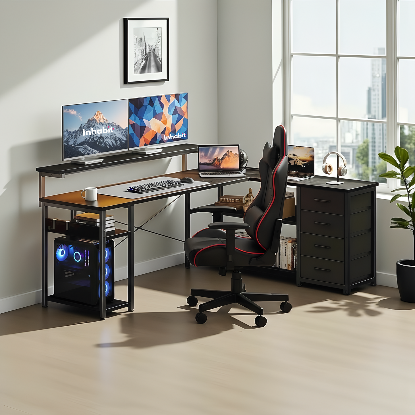 مكتب تخزين مرتفع على شكل حرف L مقاس 135 سم مع مصدر طاقة مدمج ومصباح LED