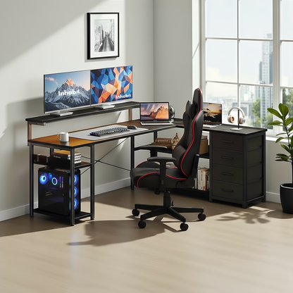 مكتب تخزين مرتفع على شكل حرف L مقاس 135 سم مع مصدر طاقة مدمج ومصباح LED