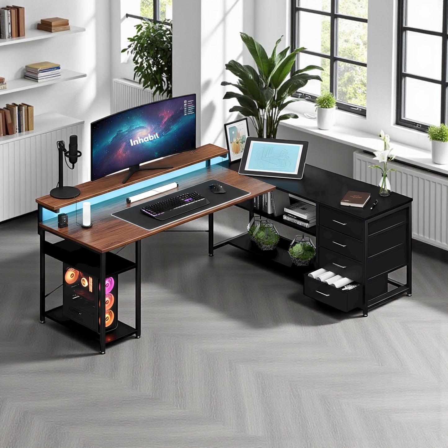 مكتب تخزين مرتفع على شكل حرف L مقاس 135 سم مع مصدر طاقة مدمج ومصباح LED