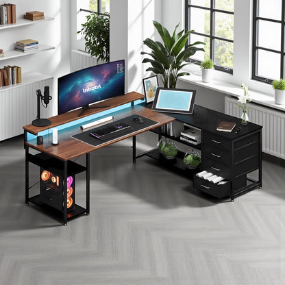 مكتب تخزين مرتفع على شكل حرف L مقاس 135 سم مع مصدر طاقة مدمج ومصباح LED