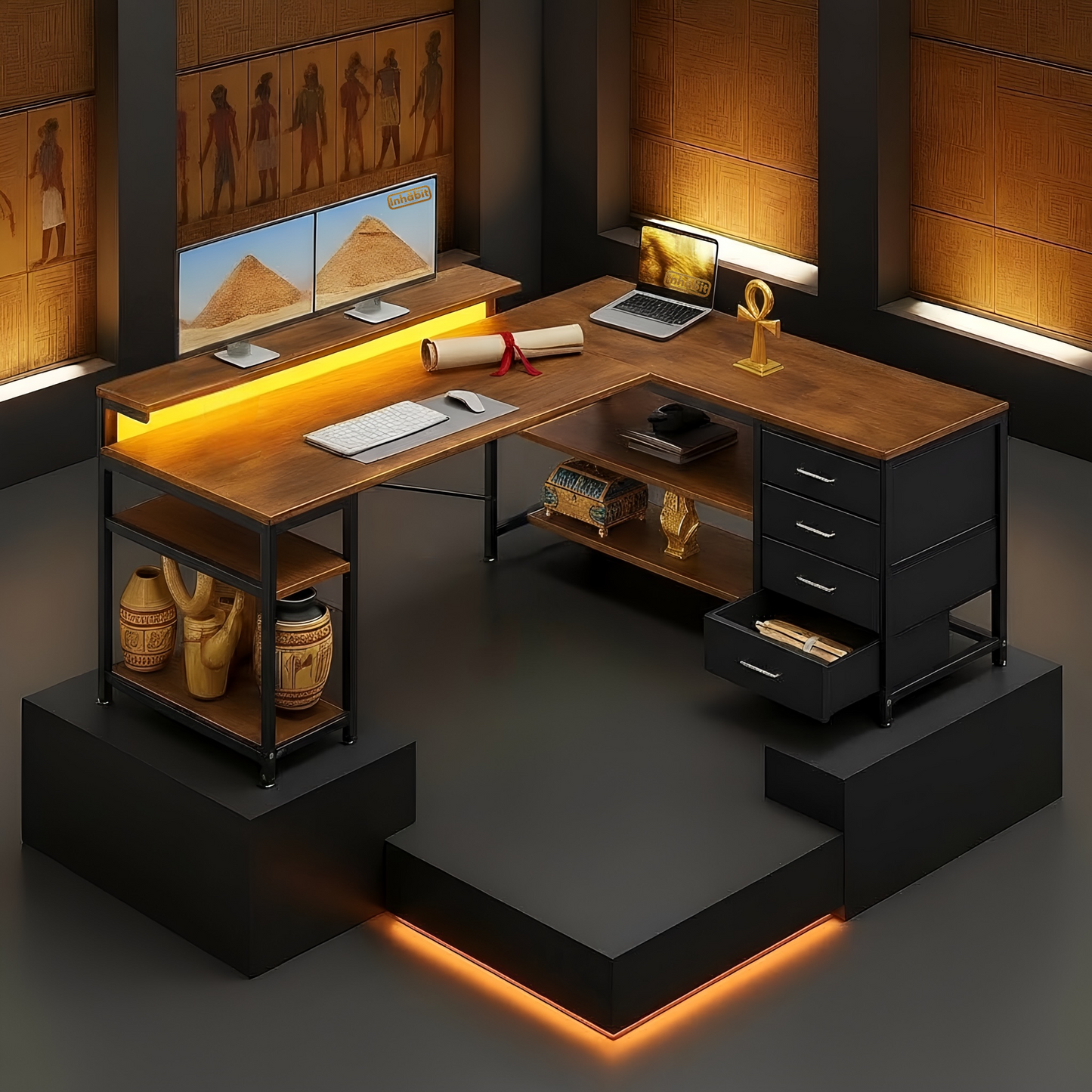 مكتب تخزين مرتفع على شكل حرف L مقاس 135 سم مع مصدر طاقة مدمج ومصباح LED