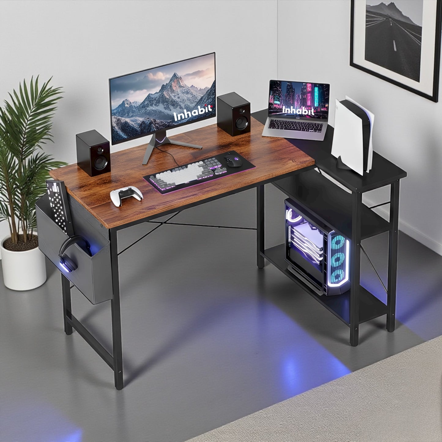 مكتب على شكل حرف L بارتفاع 120 سم مع رفوف من مستويين