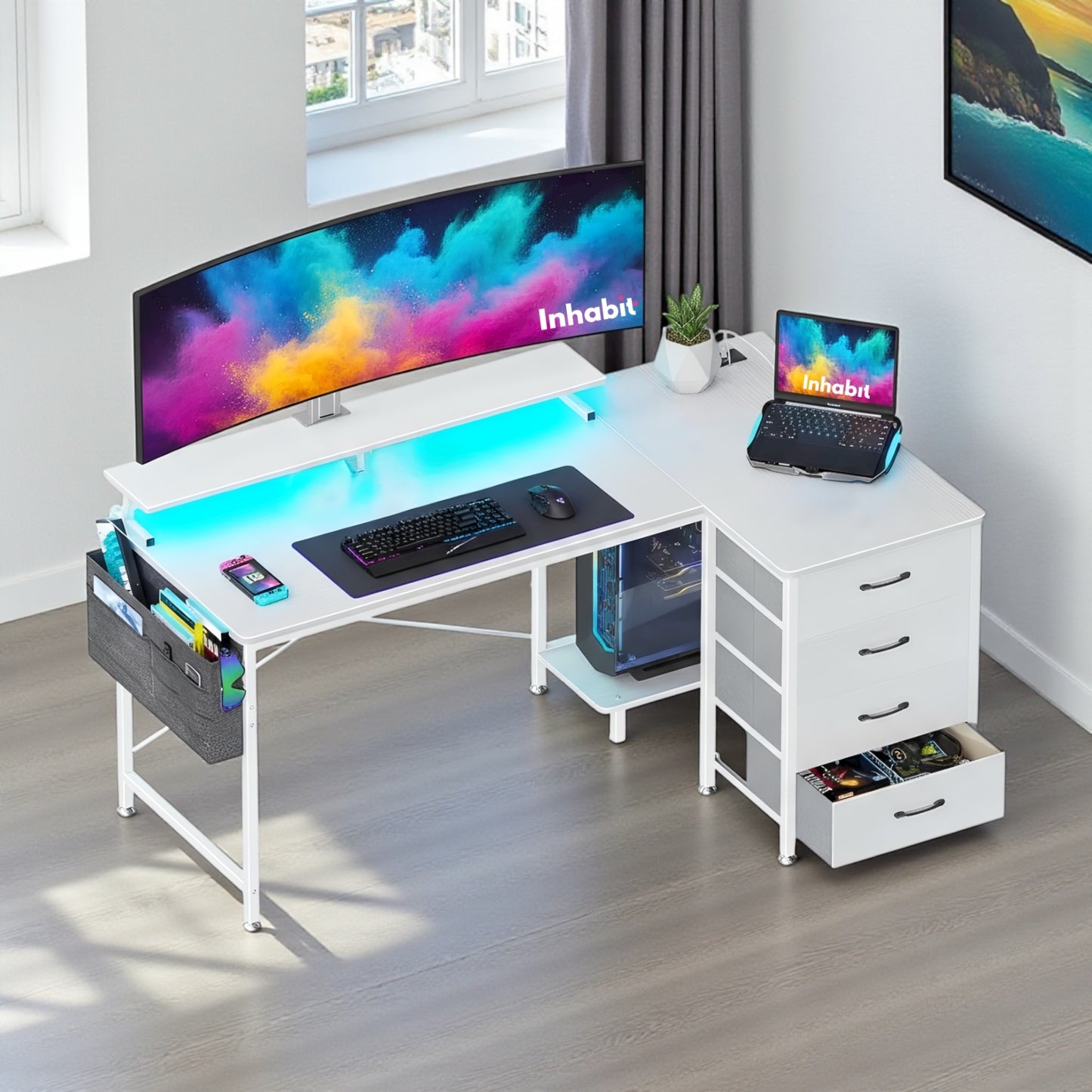 مكتب Inhabit Spider Plus على شكل حرف L مقاس 160 سم مع أدراج ورفوف