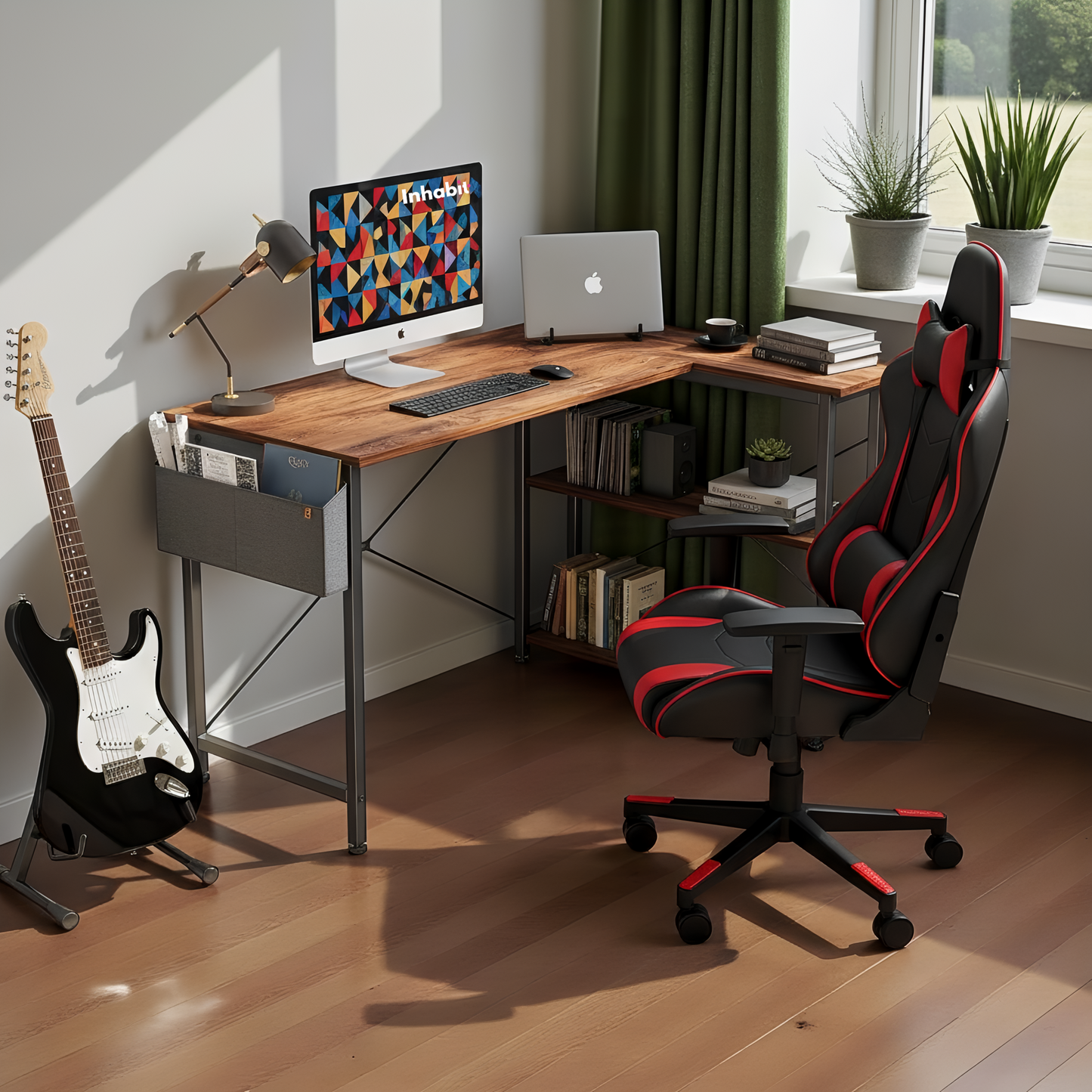 مكتب على شكل حرف L بارتفاع 140 سم مع رفوف من مستويين