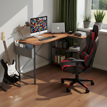 مكتب على شكل حرف L بارتفاع 140 سم مع رفوف من مستويين