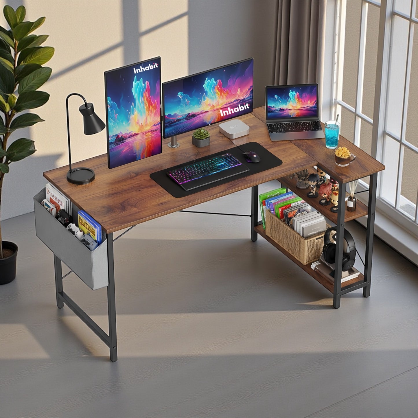 مكتب على شكل حرف L بارتفاع 140 سم مع رفوف من مستويين