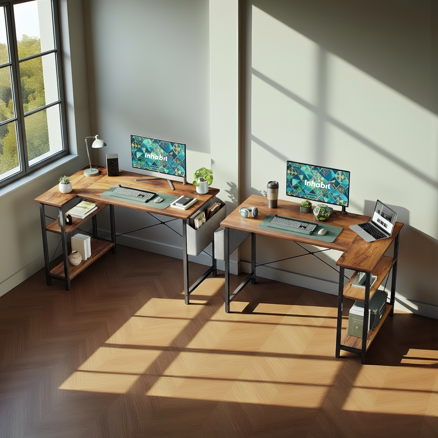 مكتب على شكل حرف L بارتفاع 140 سم مع رفوف من مستويين