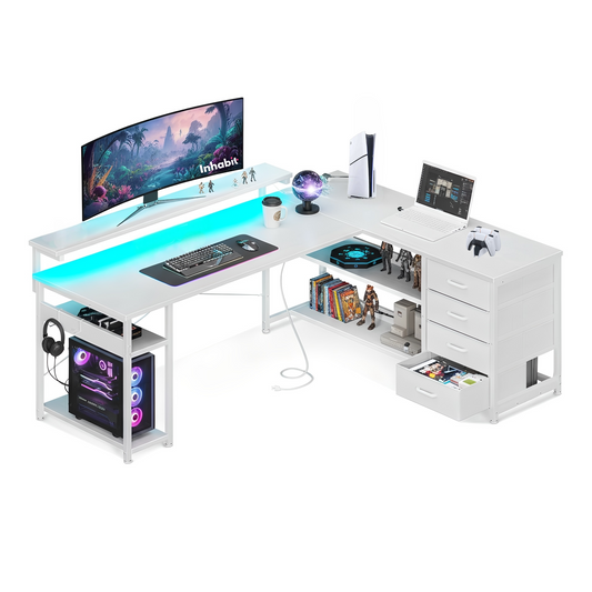 Inhabit 155cm L-Shaped High Storage Desk With Built In Power Supply & LED