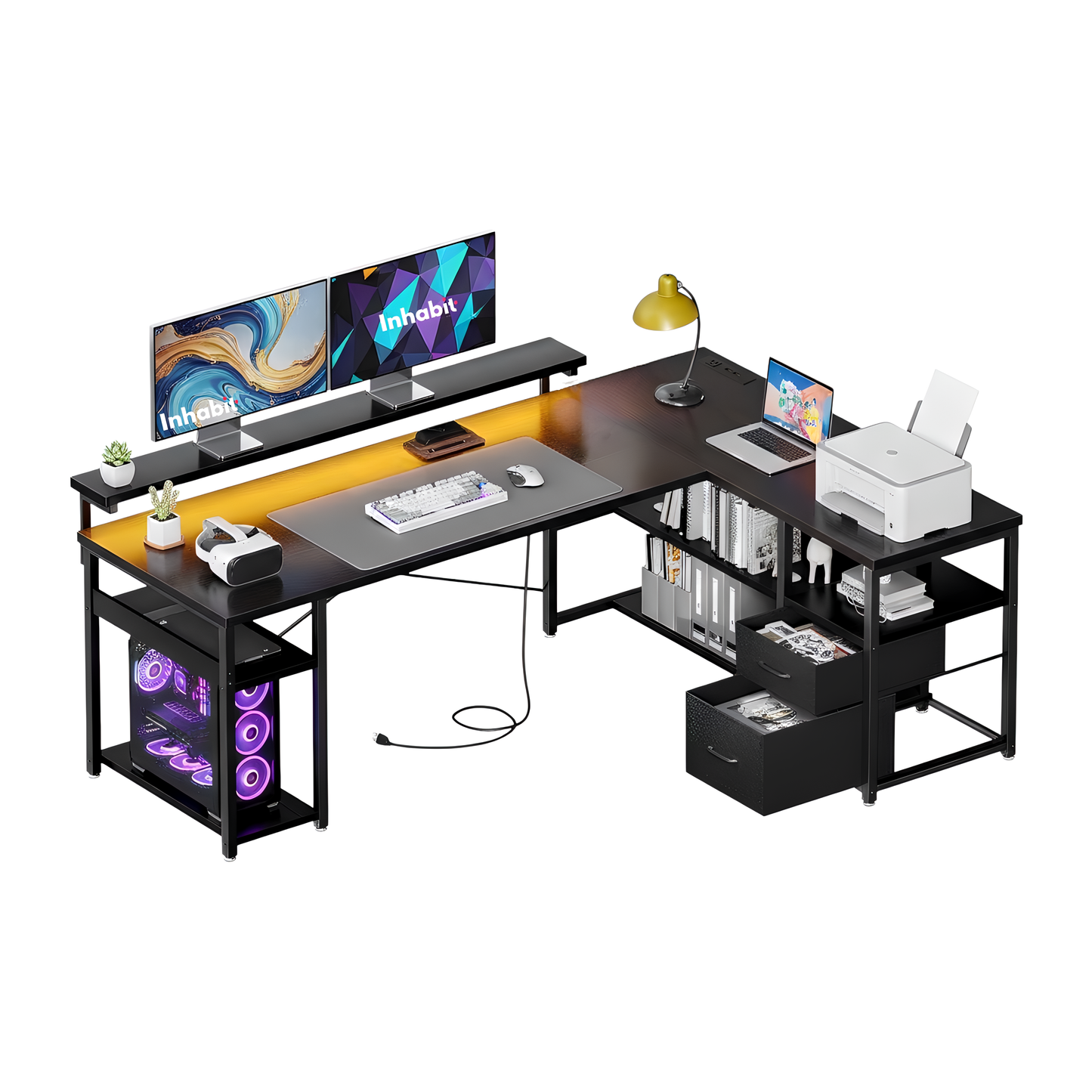 Inhabit Nexus 155cm Office, Home, Gaming L-Shaped Desk With Drawers & Shelves