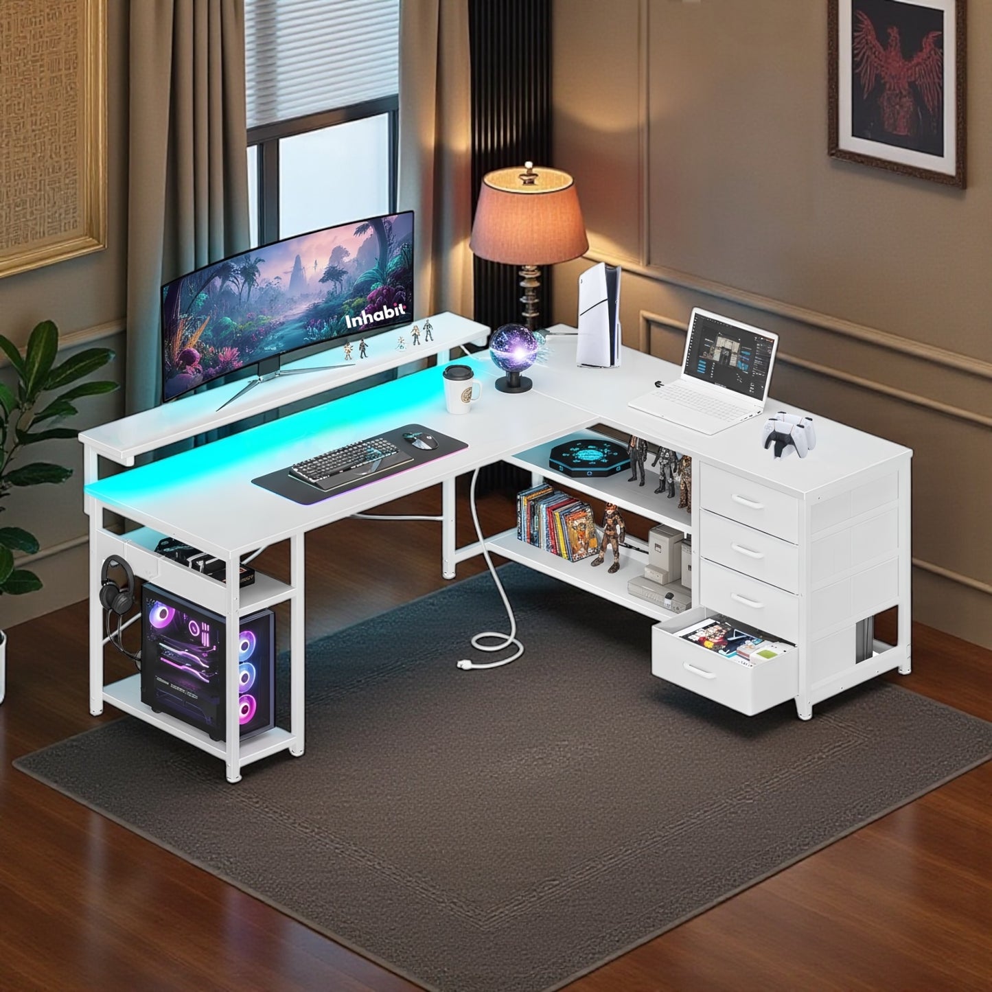 Inhabit Rivo 155cm L-Shaped High Storage Desk With Built In Power Supply & LED