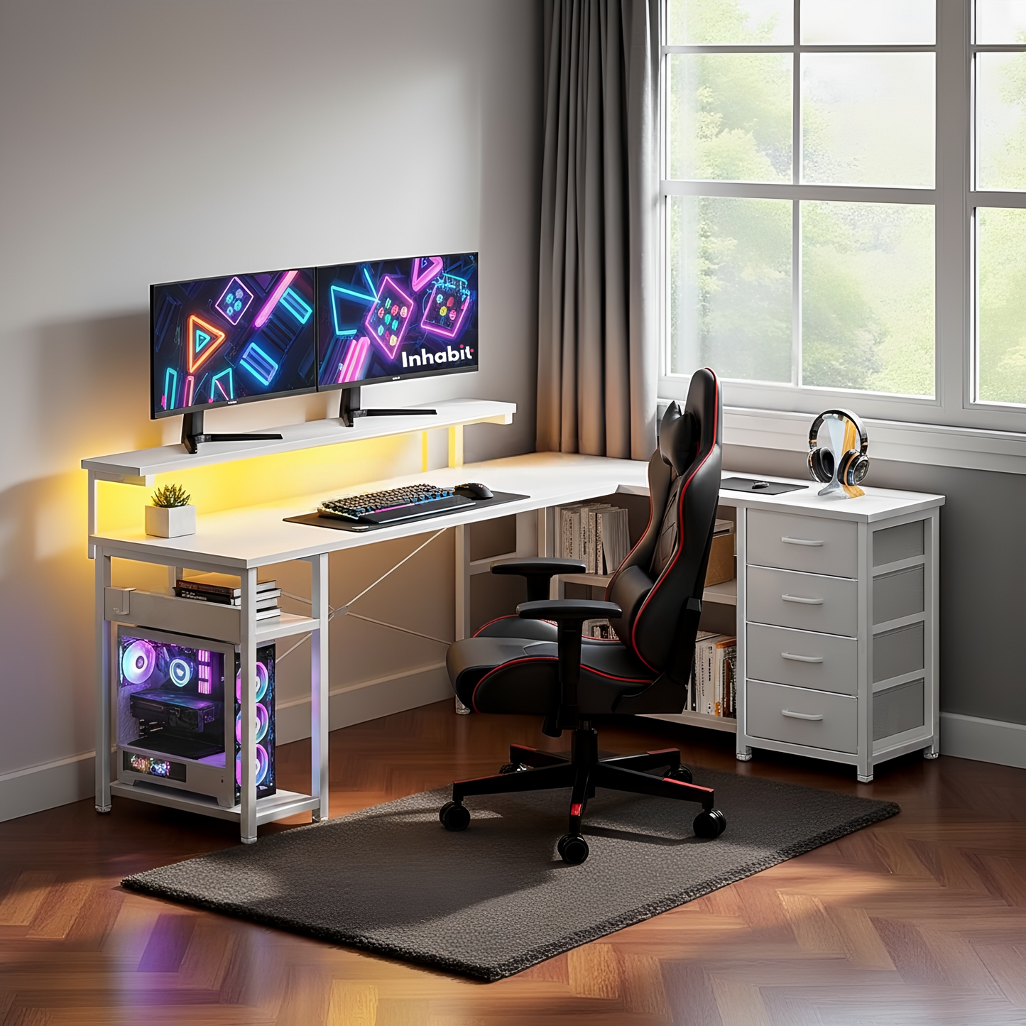 Inhabit Rivo 155cm L-Shaped High Storage Desk With Built In Power Supply & LED