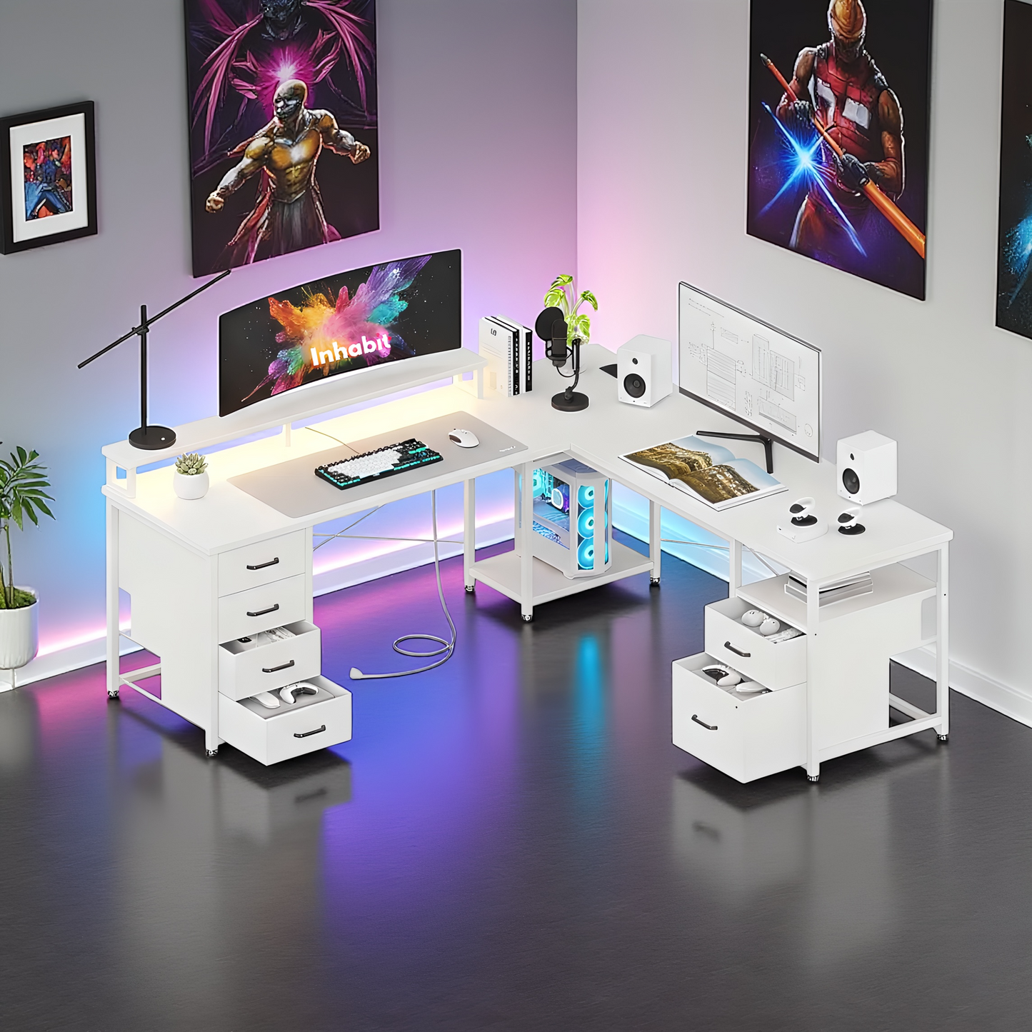 مكتب تخزين مرتفع على شكل حرف L مقاس 165 سم من Inhabit Big Show مزود بإضاءة LED ومصدر طاقة