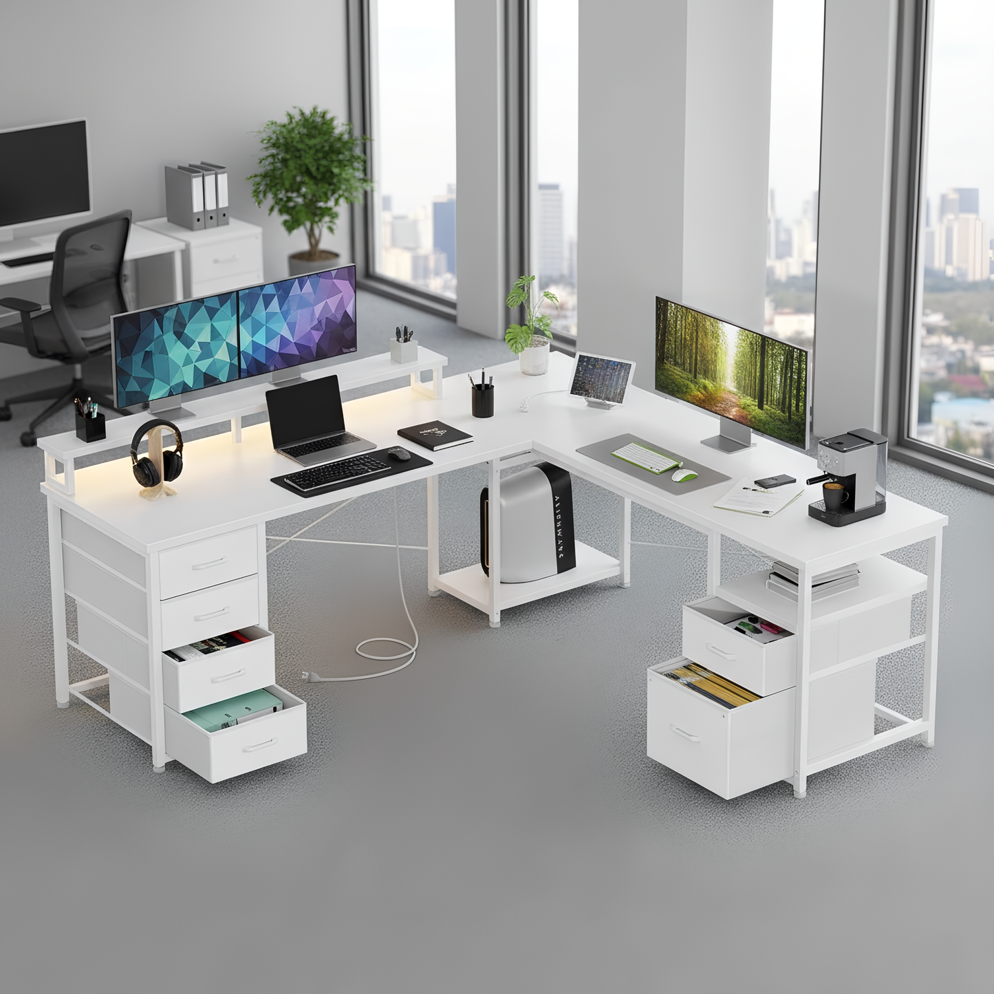 مكتب تخزين مرتفع على شكل حرف L مقاس 165 سم من Inhabit Big Show مزود بإضاءة LED ومصدر طاقة