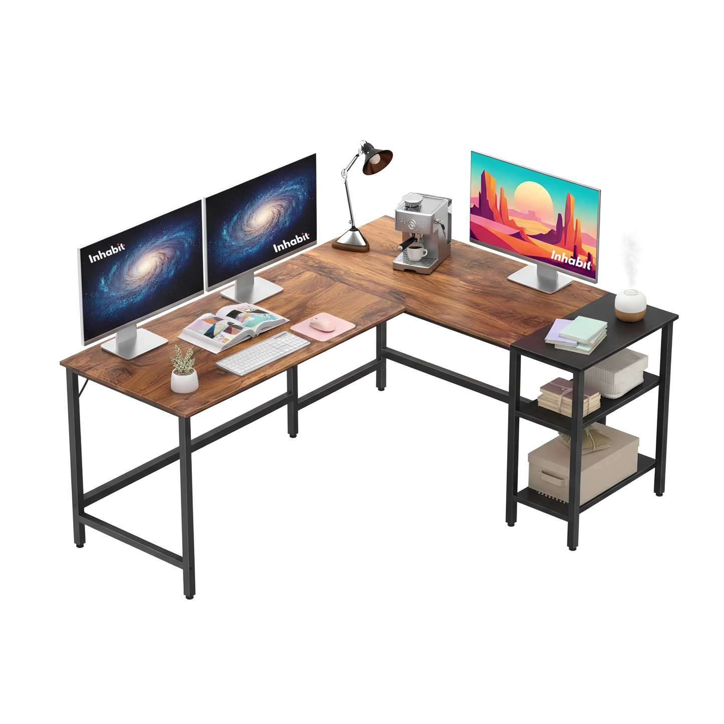 Inhabit Atlas L-Shaped 150cm Desk With PC & Storage Shelves