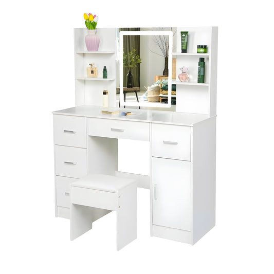 Inhabit Extra Storage Touch Mirrored Makeup Vanity With Stool Chair
