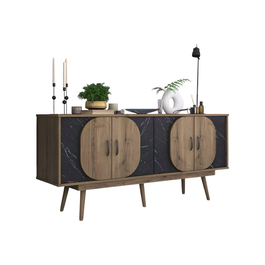 Inhabit Curved Buffet Black Marble Wood Effect X Walnut Brown