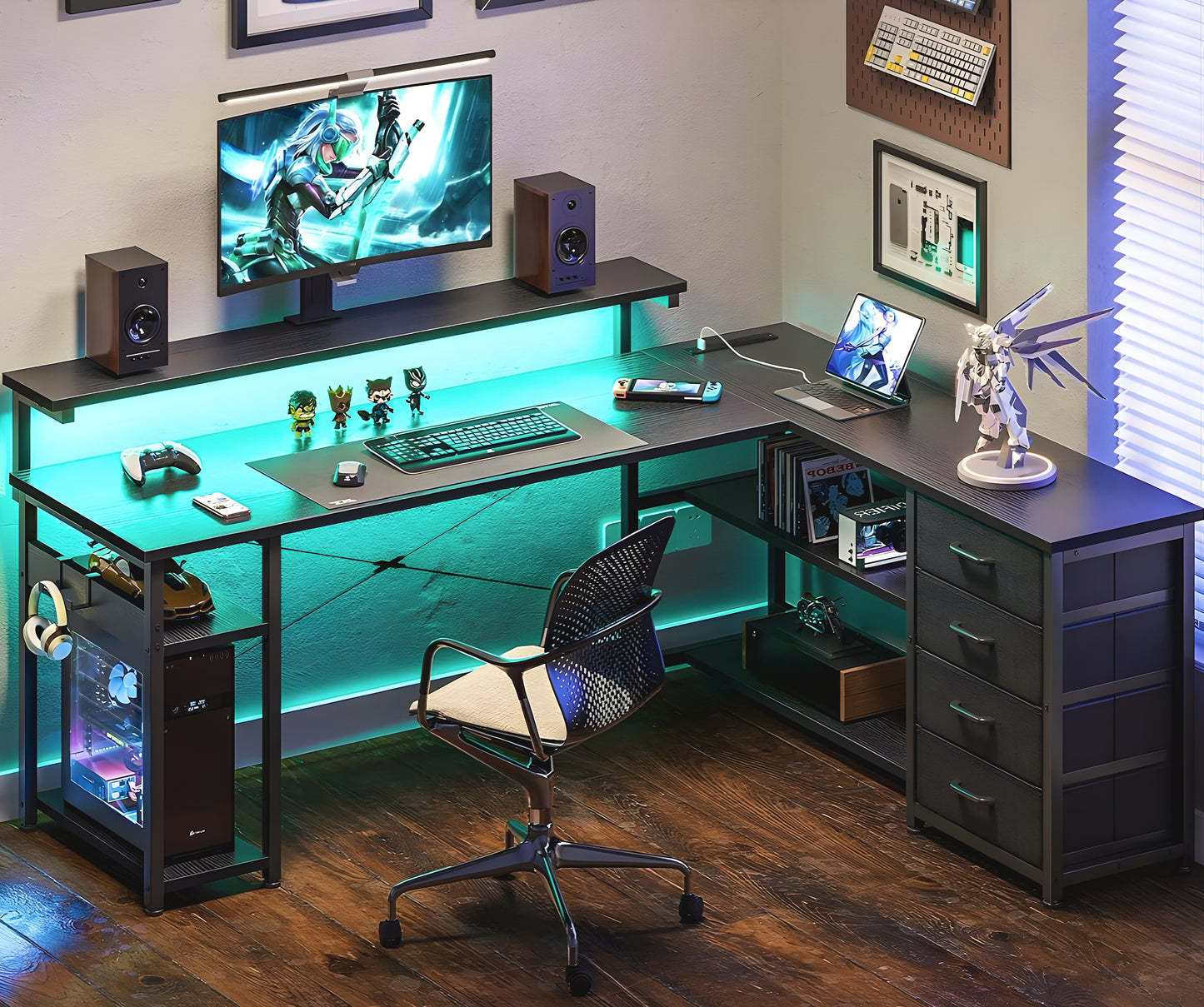 Inhabit 135cm L-Shaped High Storage Desk With Built In Power Supply & LED