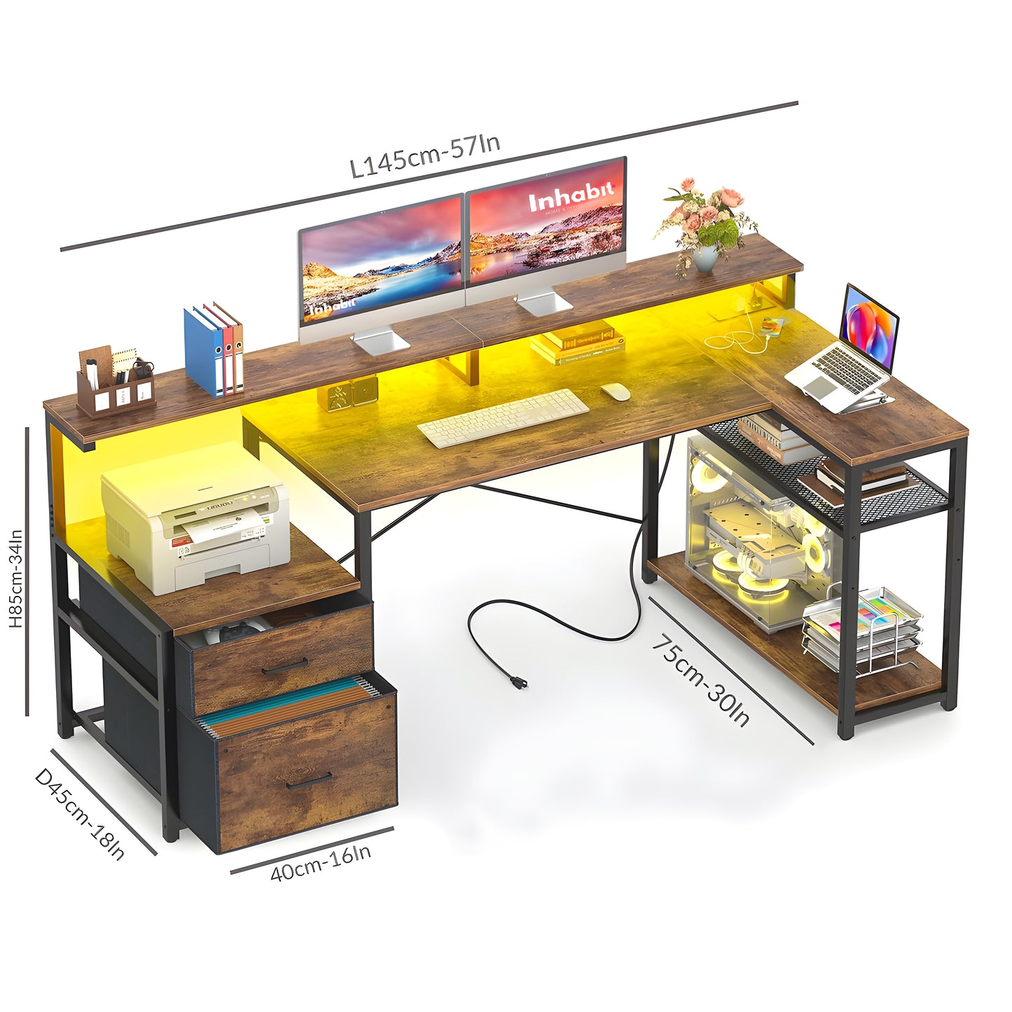 Inhabit Phantom 145cm L-Shaped Desk With 2 Drawers & Shelves